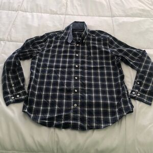 Nautica striped button down shirt 👕 w one front pocket blues white and yellow